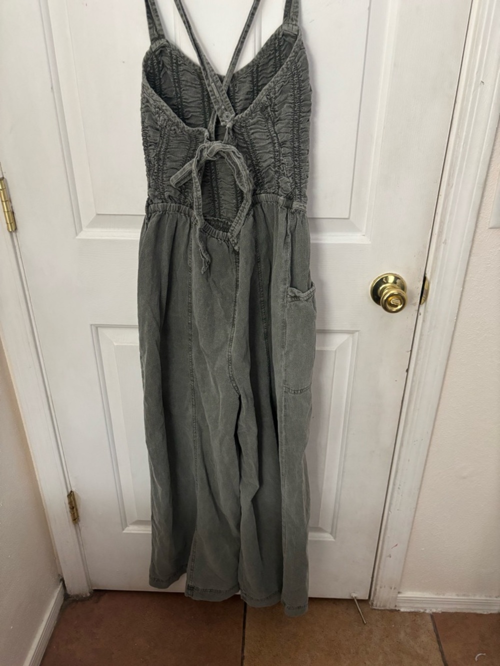 Free People Olive Green Smocked Bodice Wide-Leg Jumpsuit - Picture 2 of 5